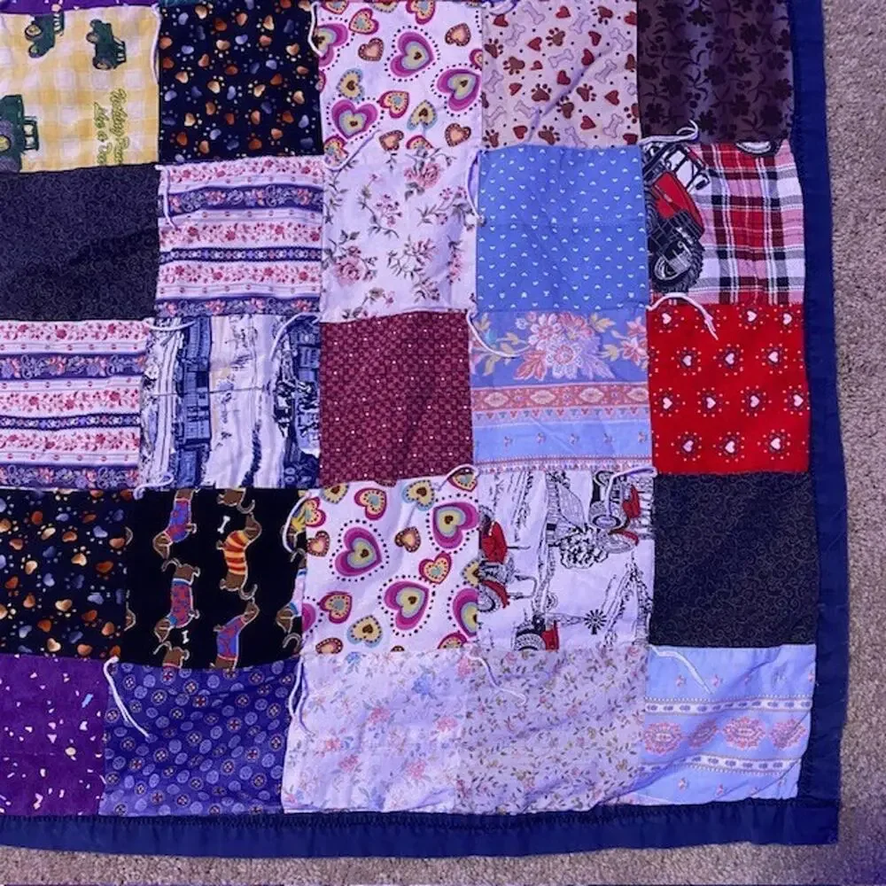Vintage Handmade Patchwork Postage Stamp Quilt 48x48 Blue Colorful Unisex